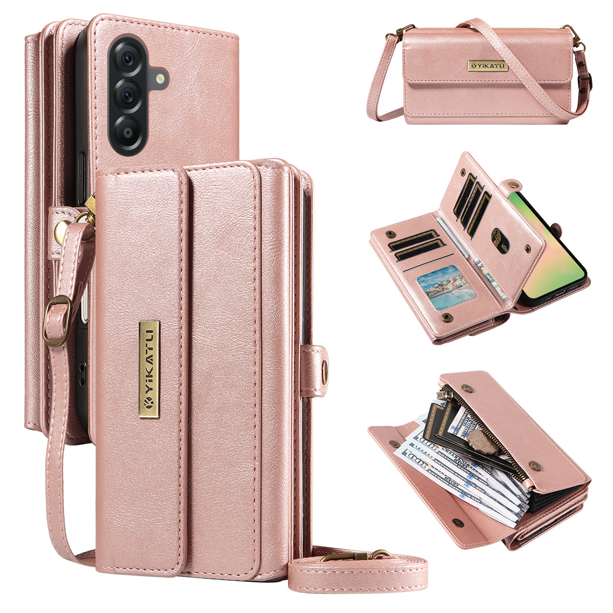 YIKATU For Samsung Galaxy A56 5G / Galaxy M56 5G Case  YK-008 Zipper Wallet Leather Phone Cover with Shoulder Strap
