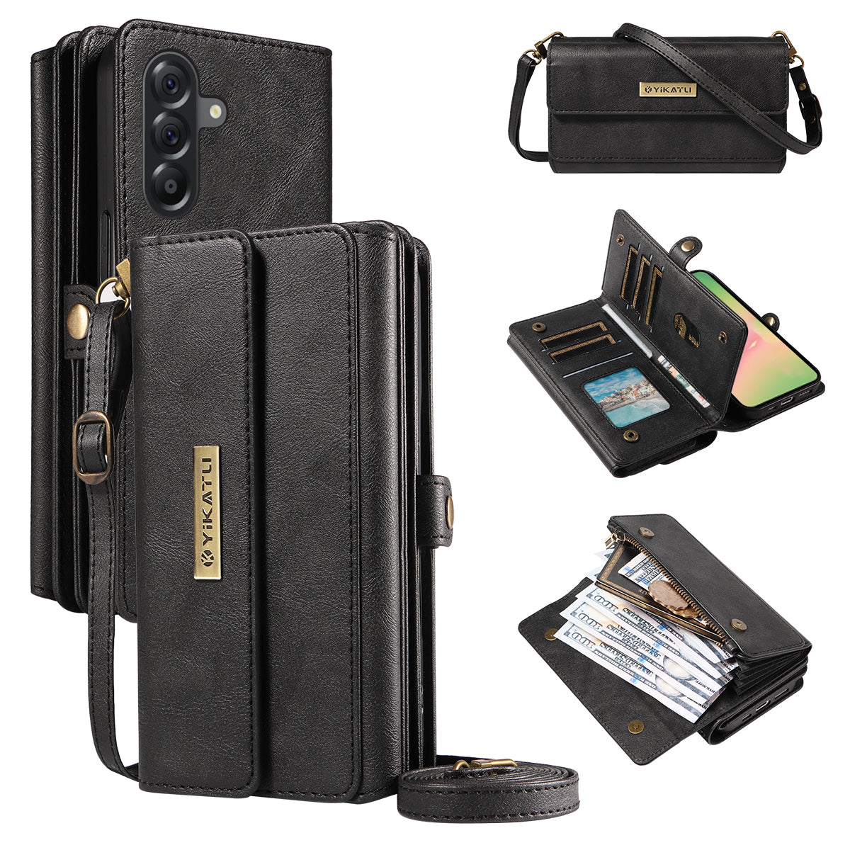 YIKATU For Samsung Galaxy A56 5G / Galaxy M56 5G Case  YK-008 Zipper Wallet Leather Phone Cover with Shoulder Strap