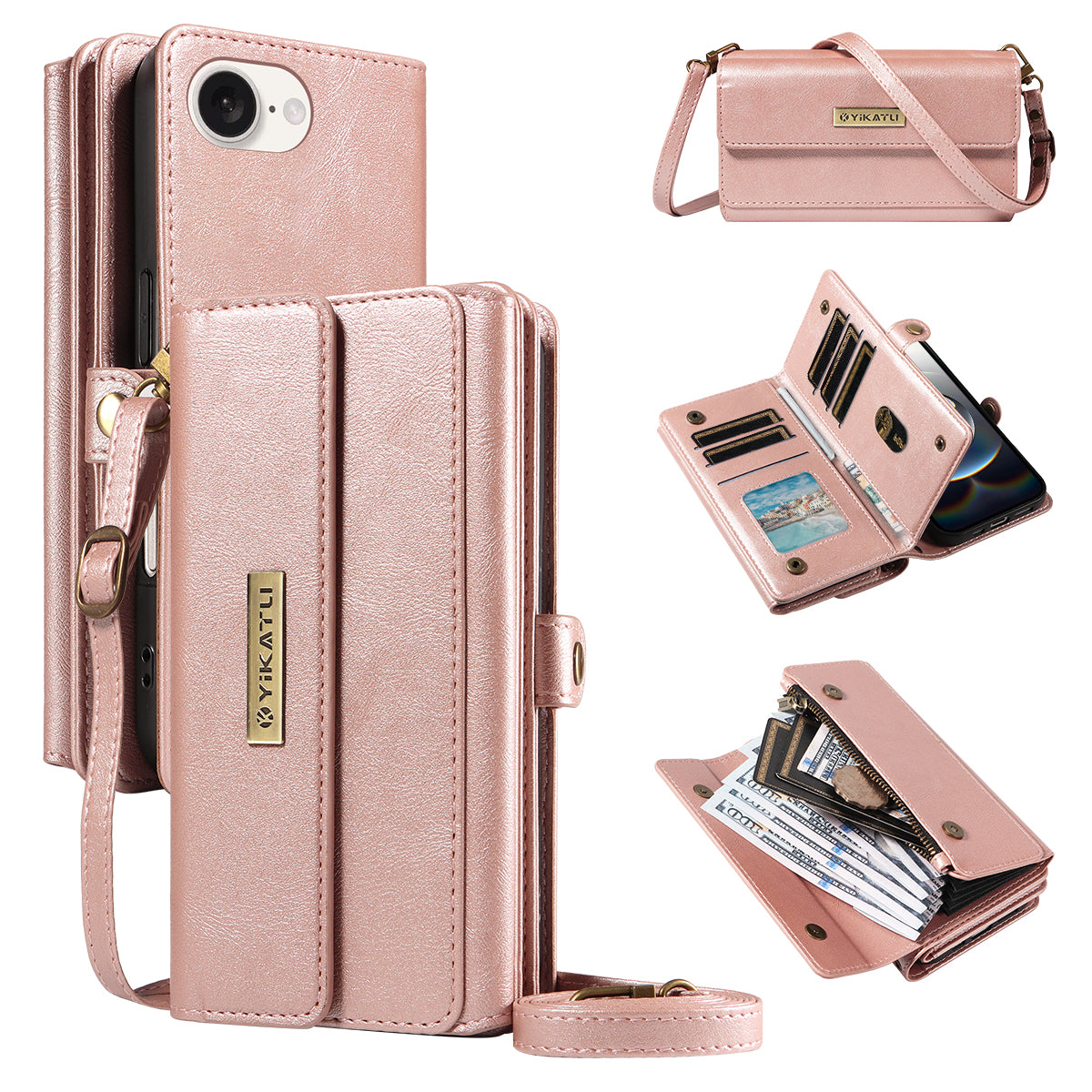 YIKATU For iPhone 17e / 16e Case  YK-008 Zipper Wallet Leather Phone Cover with Shoulder Strap