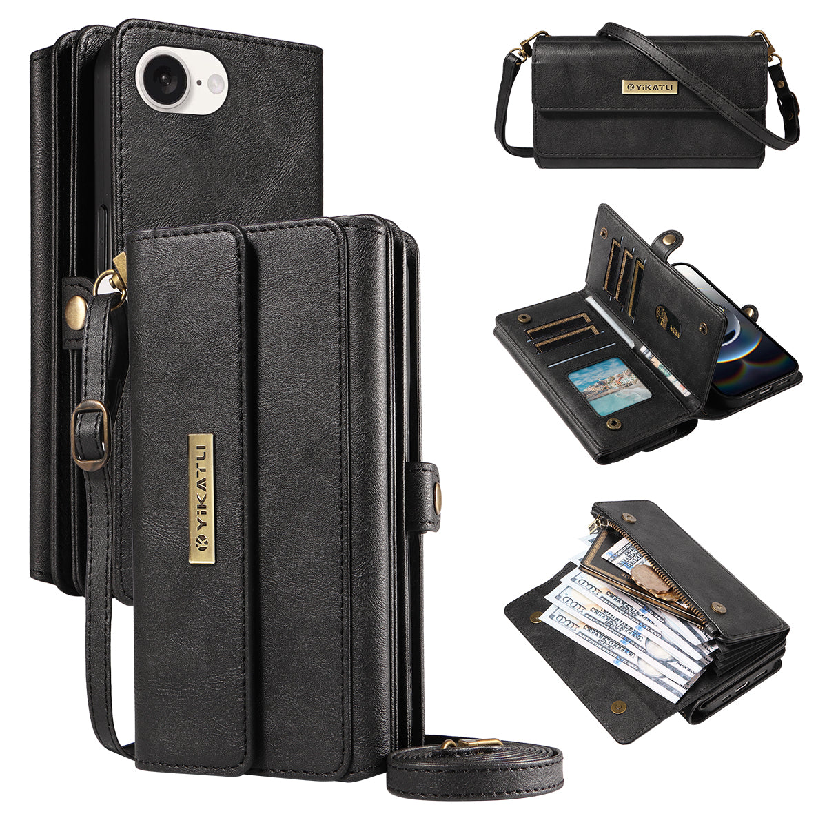 YIKATU For iPhone 17e / 16e Case  YK-008 Zipper Wallet Leather Phone Cover with Shoulder Strap