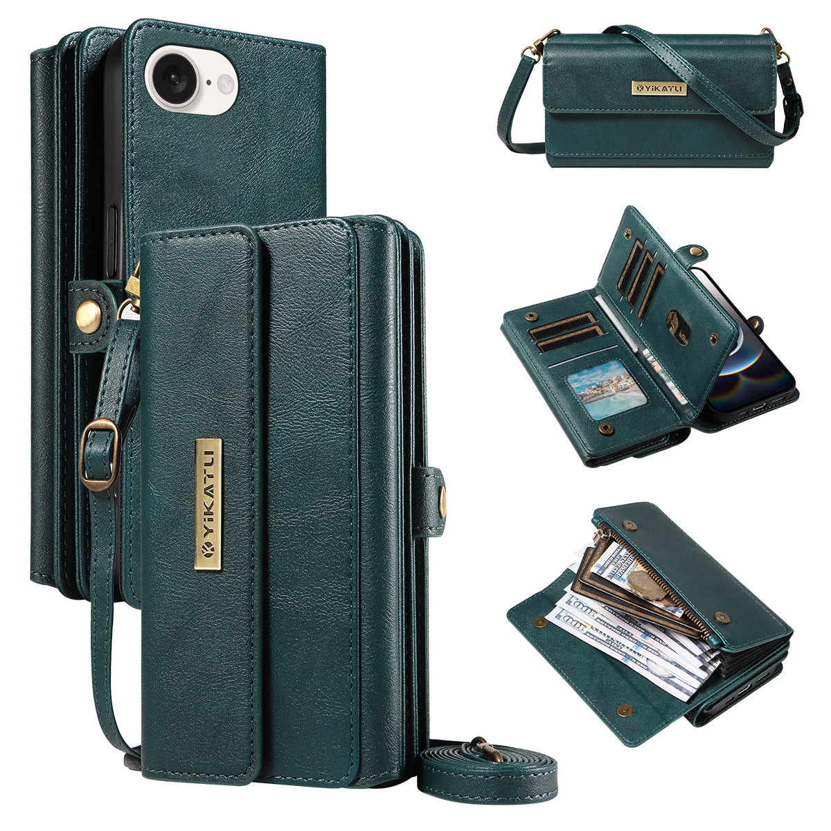 YIKATU For iPhone 17e / 16e Case  YK-008 Zipper Wallet Leather Phone Cover with Shoulder Strap