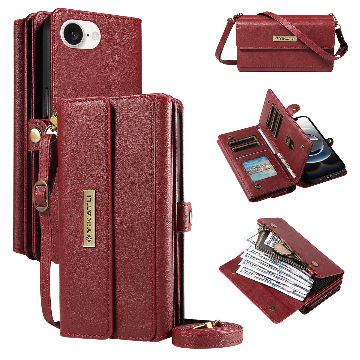 YIKATU For iPhone 17e / 16e Case  YK-008 Zipper Wallet Leather Phone Cover with Shoulder Strap