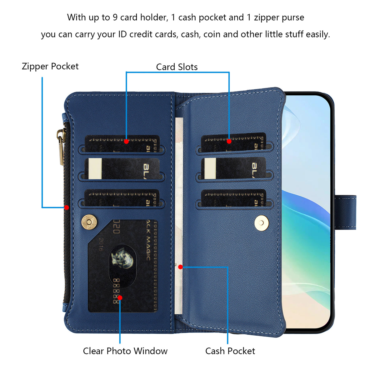 For Xiaomi Redmi 15C 5G (EU) (173mm) / 15C 4G (EU) (173mm) Leather Case 9 Card Slots Zipper Wallet Stand Phone Cover with Wrist Strap
