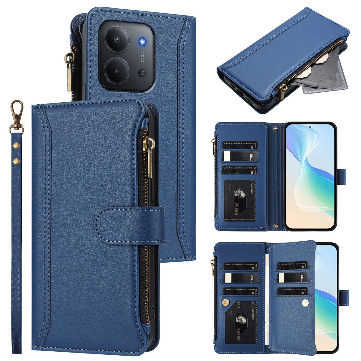 For Xiaomi Redmi 15C 5G (EU) (173mm) / 15C 4G (EU) (173mm) Leather Case 9 Card Slots Zipper Wallet Stand Phone Cover with Wrist Strap