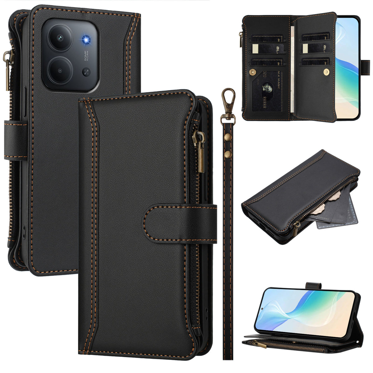 For Xiaomi Redmi 15C 5G (EU) (173mm) / 15C 4G (EU) (173mm) Leather Case 9 Card Slots Zipper Wallet Stand Phone Cover with Wrist Strap