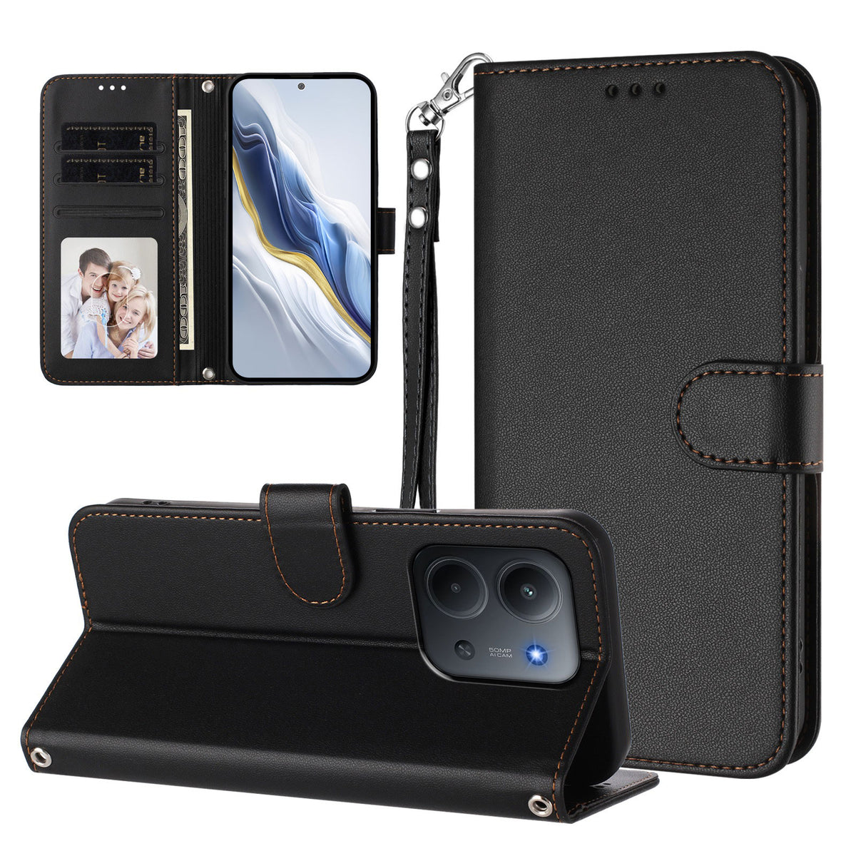 Til Xiaomi Redmi 15C 5G (EU) (173mm) / 15C 4G (EU) (173mm) Læder Cover Pung Stativ Telefoncover med Håndrem