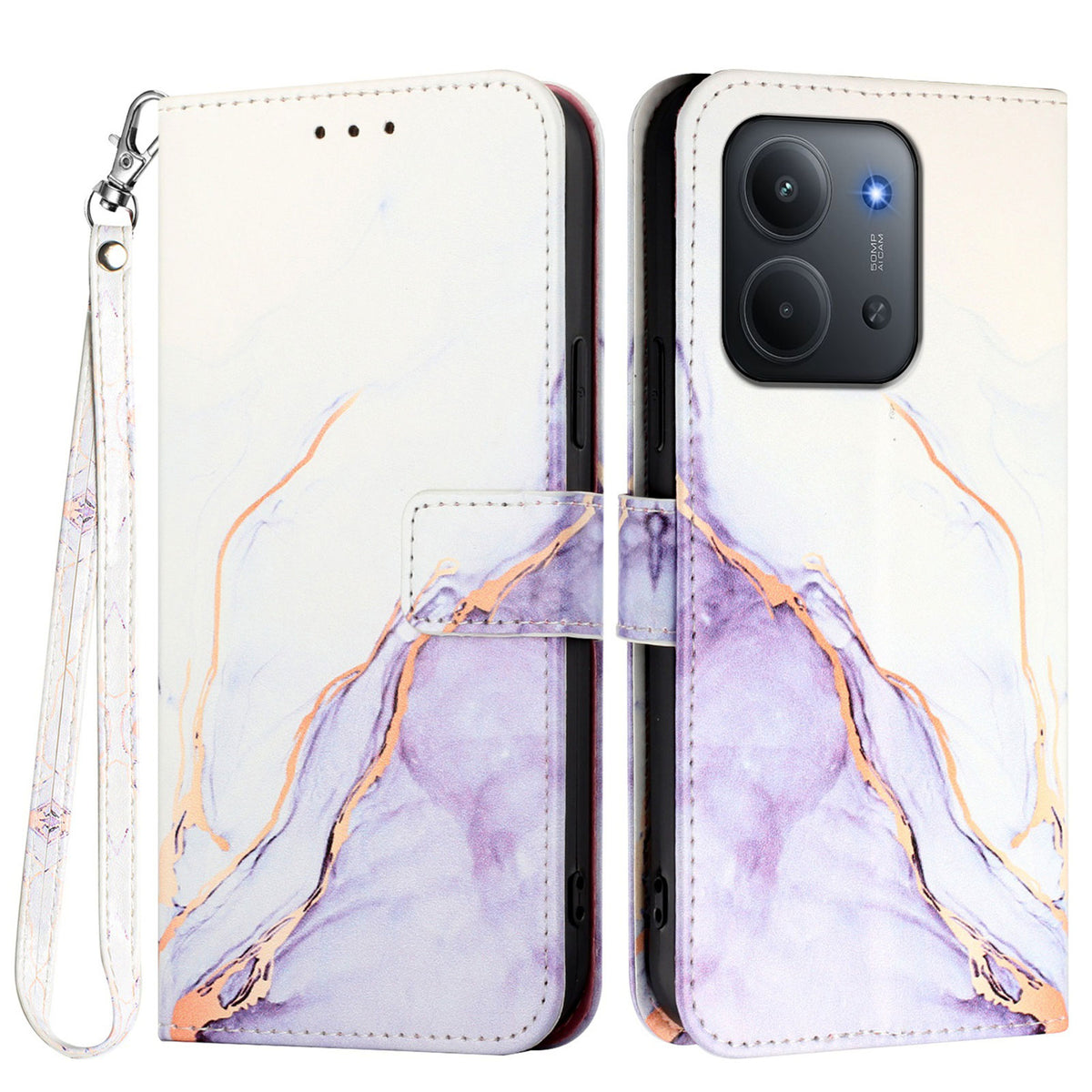 For Xiaomi Redmi 15C 5G (EU) (173mm) / 15C 4G (EU) (173mm) Case with Strap Marble Pattern Leather Phone Cover