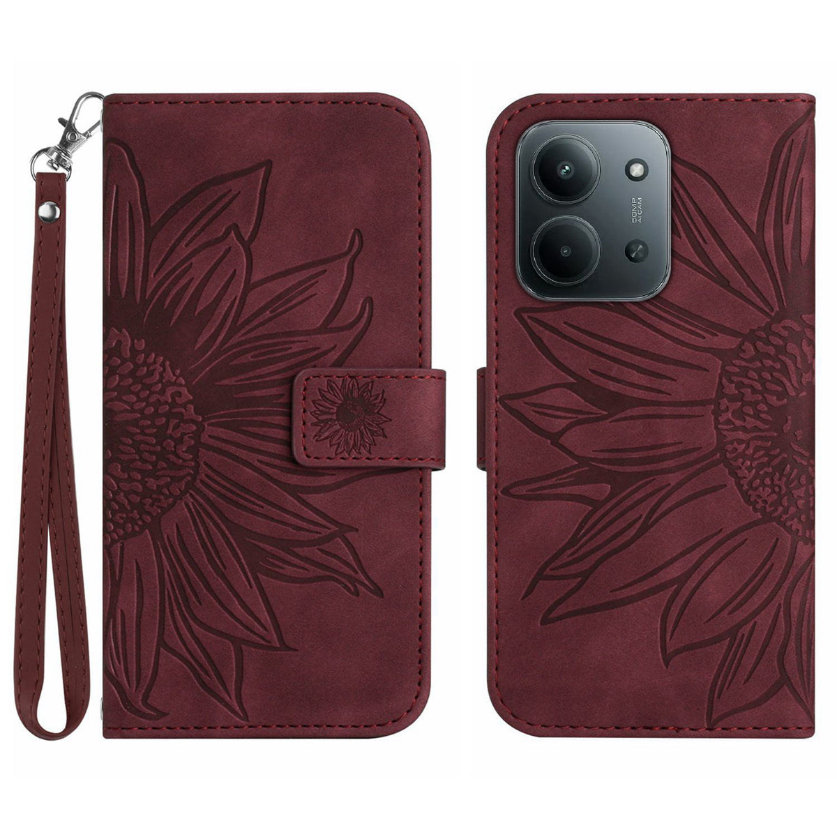 For Xiaomi Redmi 15C 4G (Global) (171mm) / Poco C85 4G (171mm) Case Sunflower Imprint Leather Wallet Phone Cover with Wrist Strap
