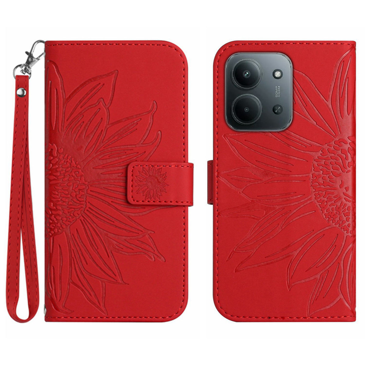 For Xiaomi Redmi 15C 4G (Global) (171mm) / Poco C85 4G (171mm) Case Sunflower Imprint Leather Wallet Phone Cover with Wrist Strap