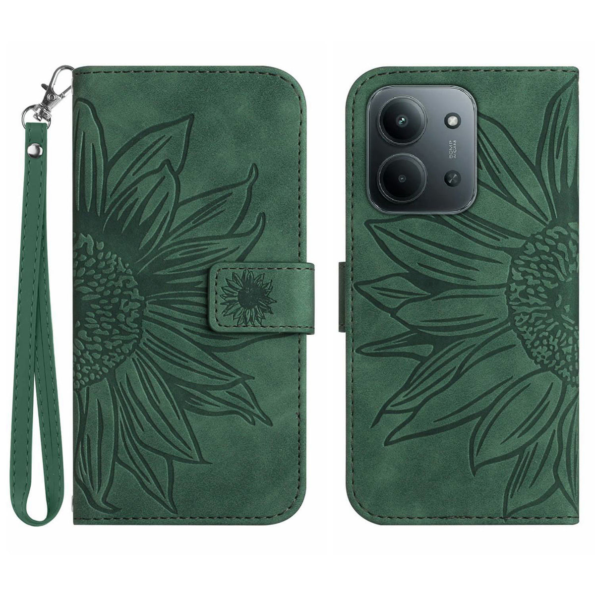 For Xiaomi Redmi 15C 4G (Global) (171mm) / Poco C85 4G (171mm) Case Sunflower Imprint Leather Wallet Phone Cover with Wrist Strap
