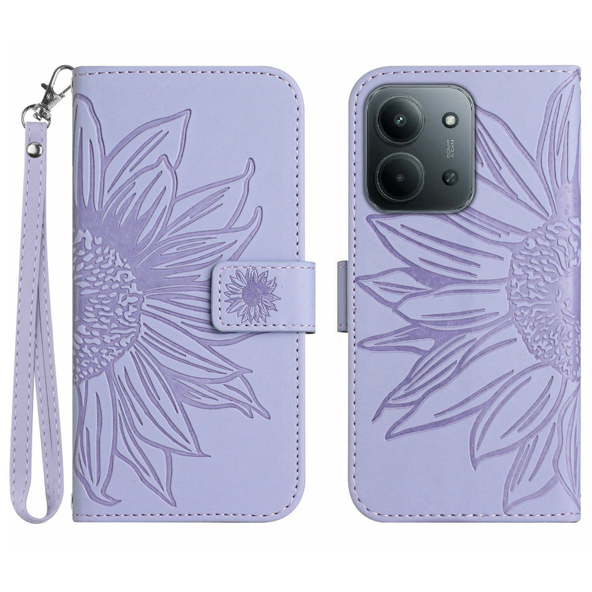 For Xiaomi Redmi 15C 4G (Global) (171mm) / Poco C85 4G (171mm) Case Sunflower Imprint Leather Wallet Phone Cover with Wrist Strap