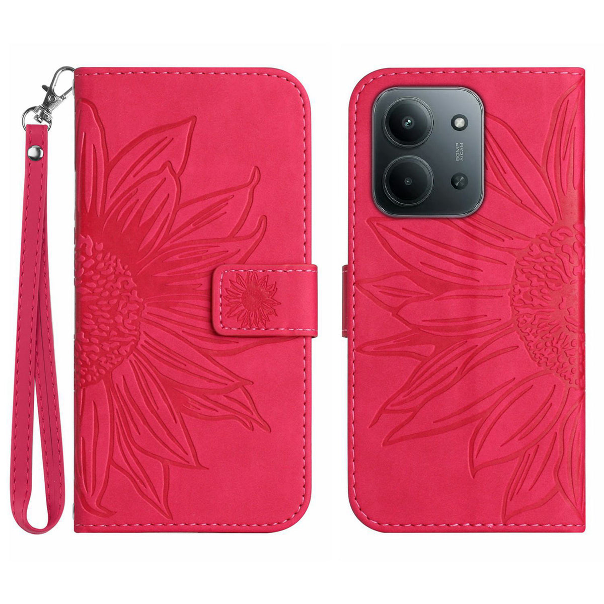 For Xiaomi Redmi 15C 4G (Global) (171mm) / Poco C85 4G (171mm) Case Sunflower Imprint Leather Wallet Phone Cover with Wrist Strap