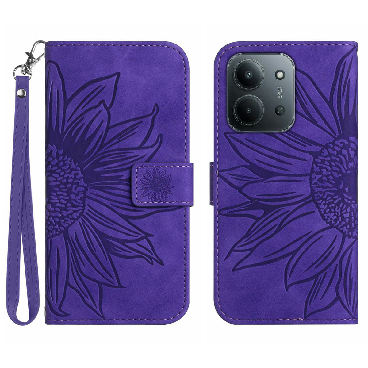 For Xiaomi Redmi 15C 4G (Global) (171mm) / Poco C85 4G (171mm) Case Sunflower Imprint Leather Wallet Phone Cover with Wrist Strap