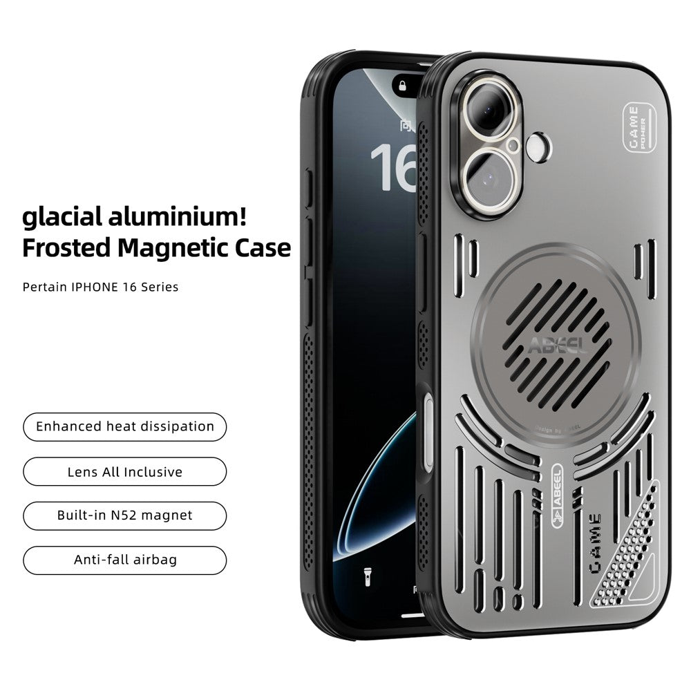 ABEEL For iPhone 16 Magnetic Case Aluminium Alloy + PC + TPU Hollow Heat Dissipation Phone Cover