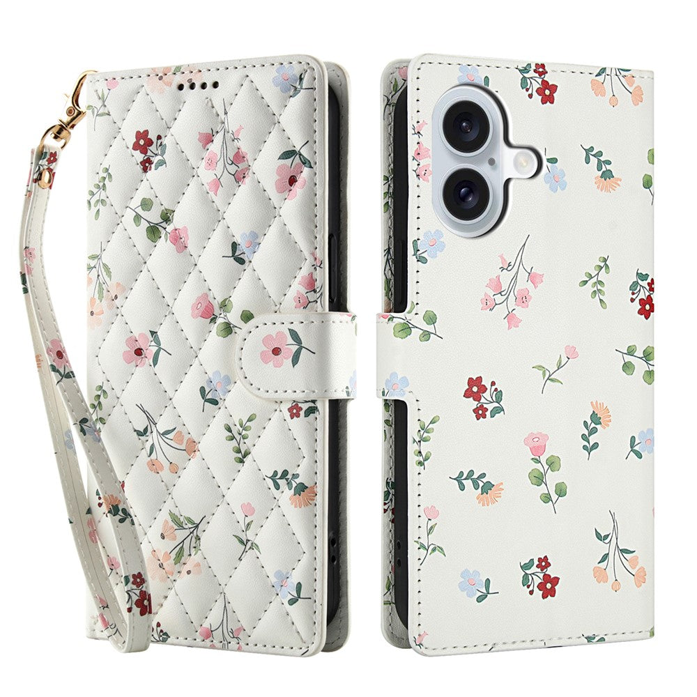 For iPhone 16 Plus Wallet Case Rhombic Floral Design Leather Flip Phone Cover with Strap