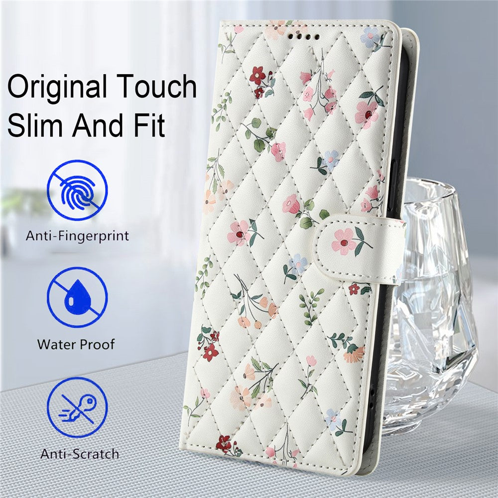 For iPhone 16 Plus Wallet Case Rhombic Floral Design Leather Flip Phone Cover with Strap