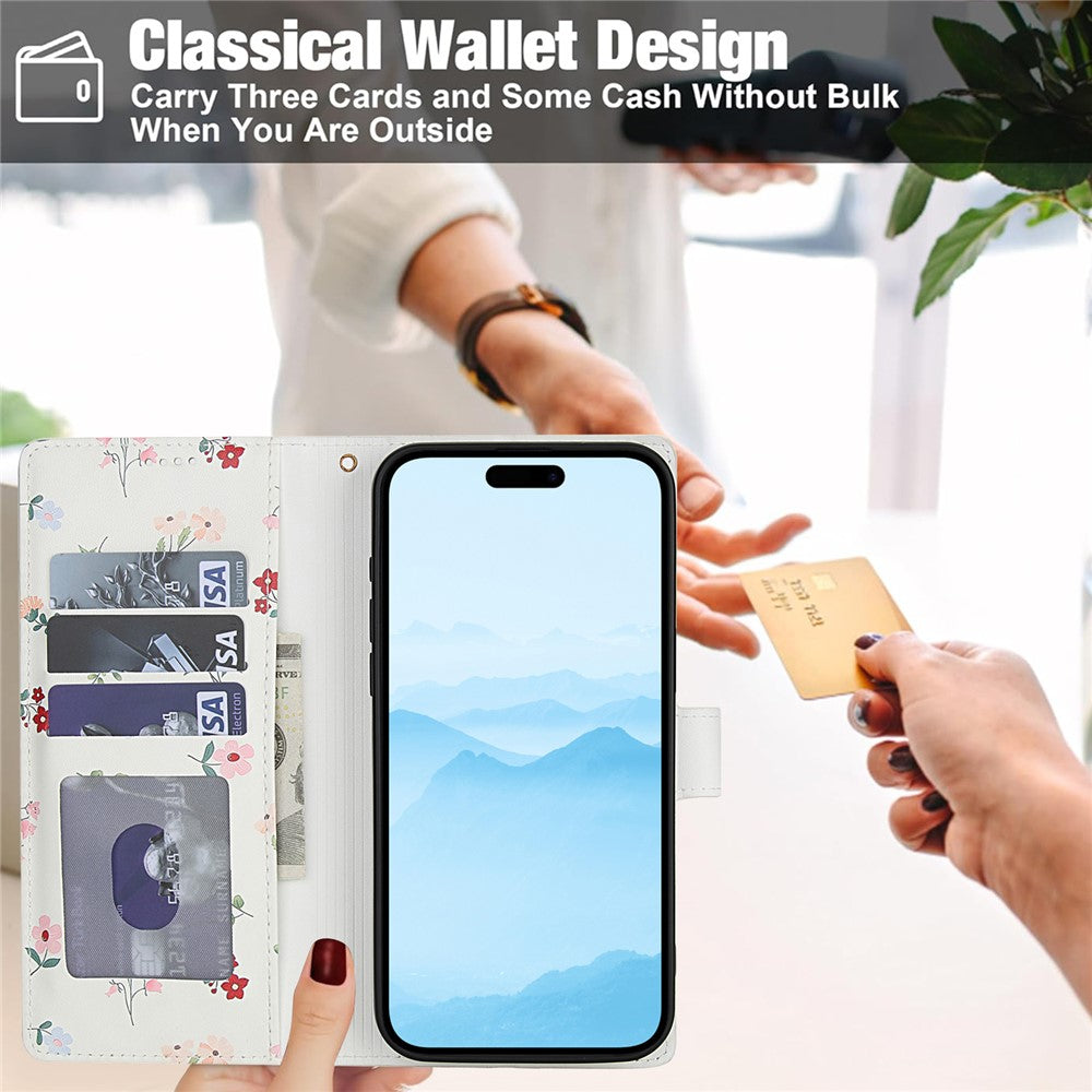 For iPhone 16 Plus Wallet Case Rhombic Floral Design Leather Flip Phone Cover with Strap