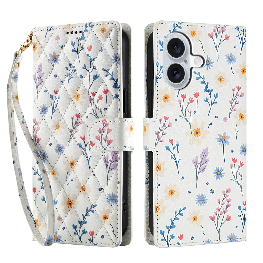For iPhone 16 Plus Wallet Case Rhombic Floral Design Leather Flip Phone Cover with Strap
