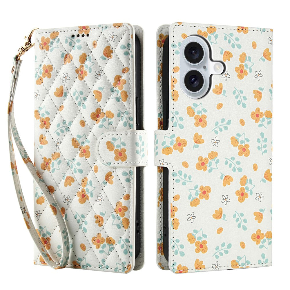 For iPhone 16 Plus Wallet Case Rhombic Floral Design Leather Flip Phone Cover with Strap