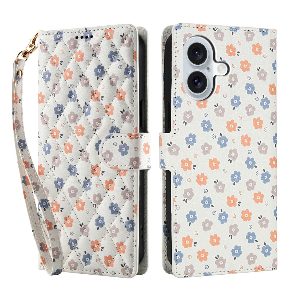 For iPhone 16 Plus Wallet Case Rhombic Floral Design Leather Flip Phone Cover with Strap