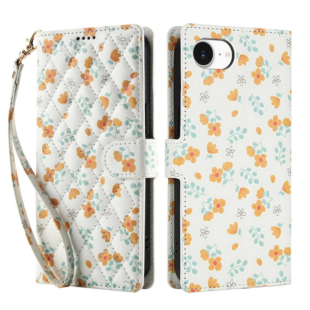 Til iPhone 17e / 16e Wallet Case Rhombisk blomsterdesign Flipcover i læder med rem