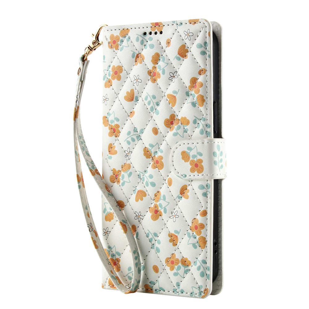 Til iPhone 17e / 16e Wallet Case Rhombisk blomsterdesign Flipcover i læder med rem