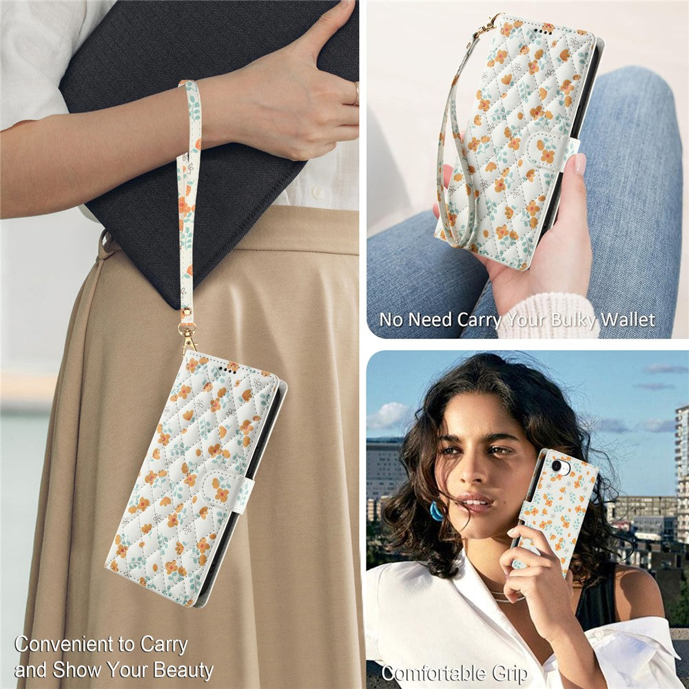 Til iPhone 17e / 16e Wallet Case Rhombisk blomsterdesign Flipcover i læder med rem