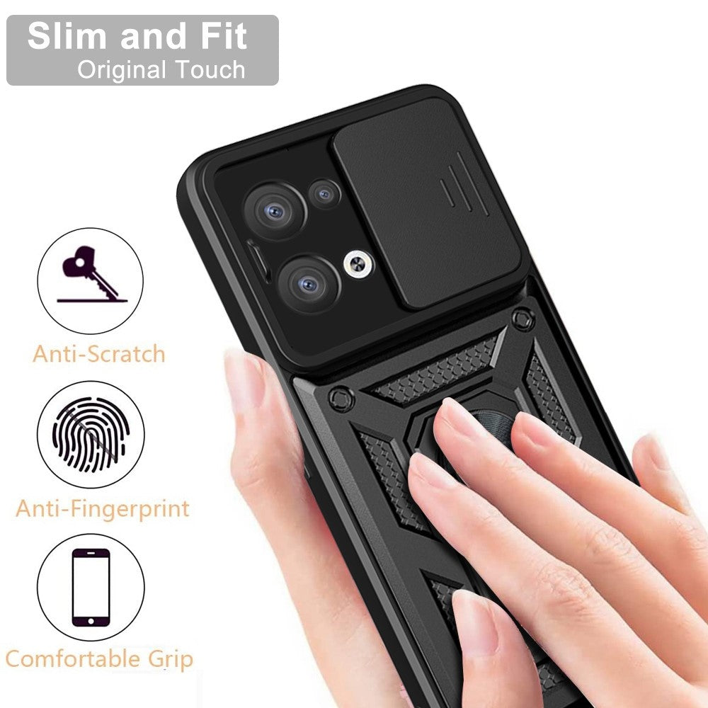 For Oppo Reno8 5G (Global Version) Ring Kickstand PC+TPU Hybrid Cover Slide Lid Camera Protection Drop-proof Phone Case