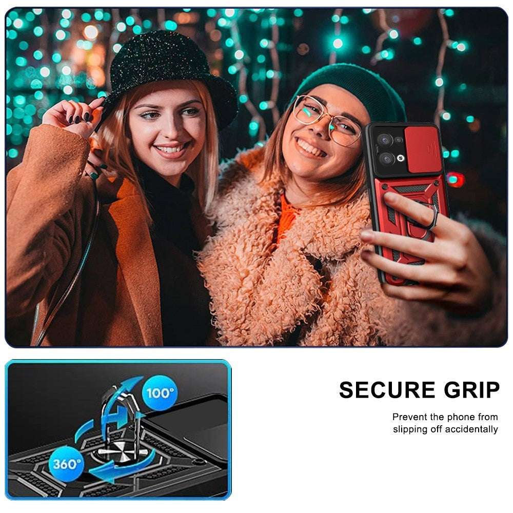 For Oppo Reno8 5G (Global Version) Ring Kickstand PC+TPU Hybrid Cover Slide Lid Camera Protection Drop-proof Phone Case