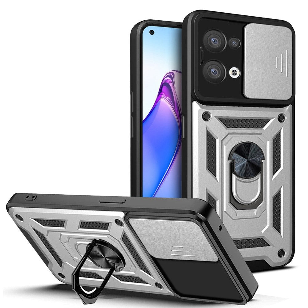 For Oppo Reno8 5G (Global Version) Ring Kickstand PC+TPU Hybrid Cover Slide Lid Camera Protection Drop-proof Phone Case