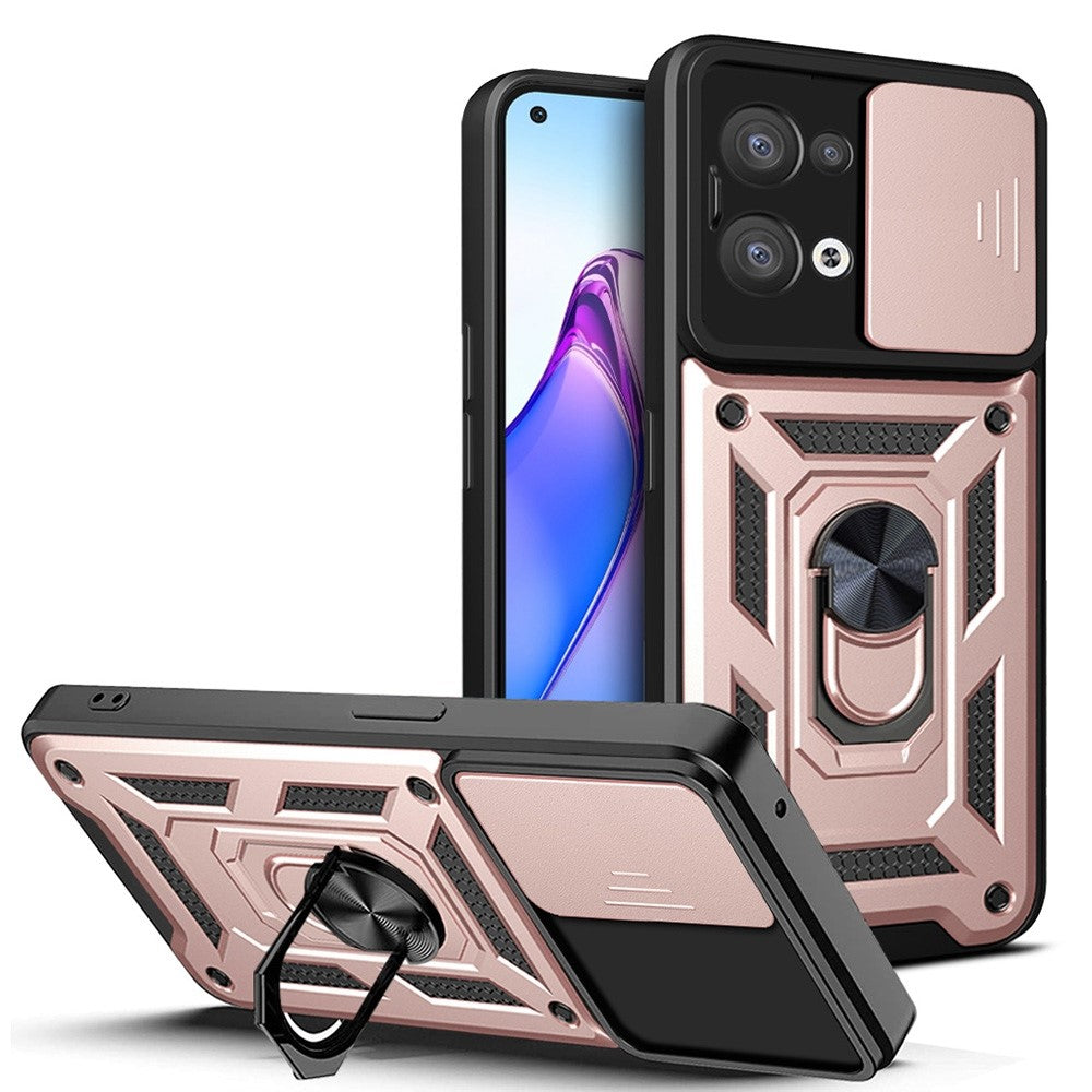 For Oppo Reno8 5G (Global Version) Ring Kickstand PC+TPU Hybrid Cover Slide Lid Camera Protection Drop-proof Phone Case