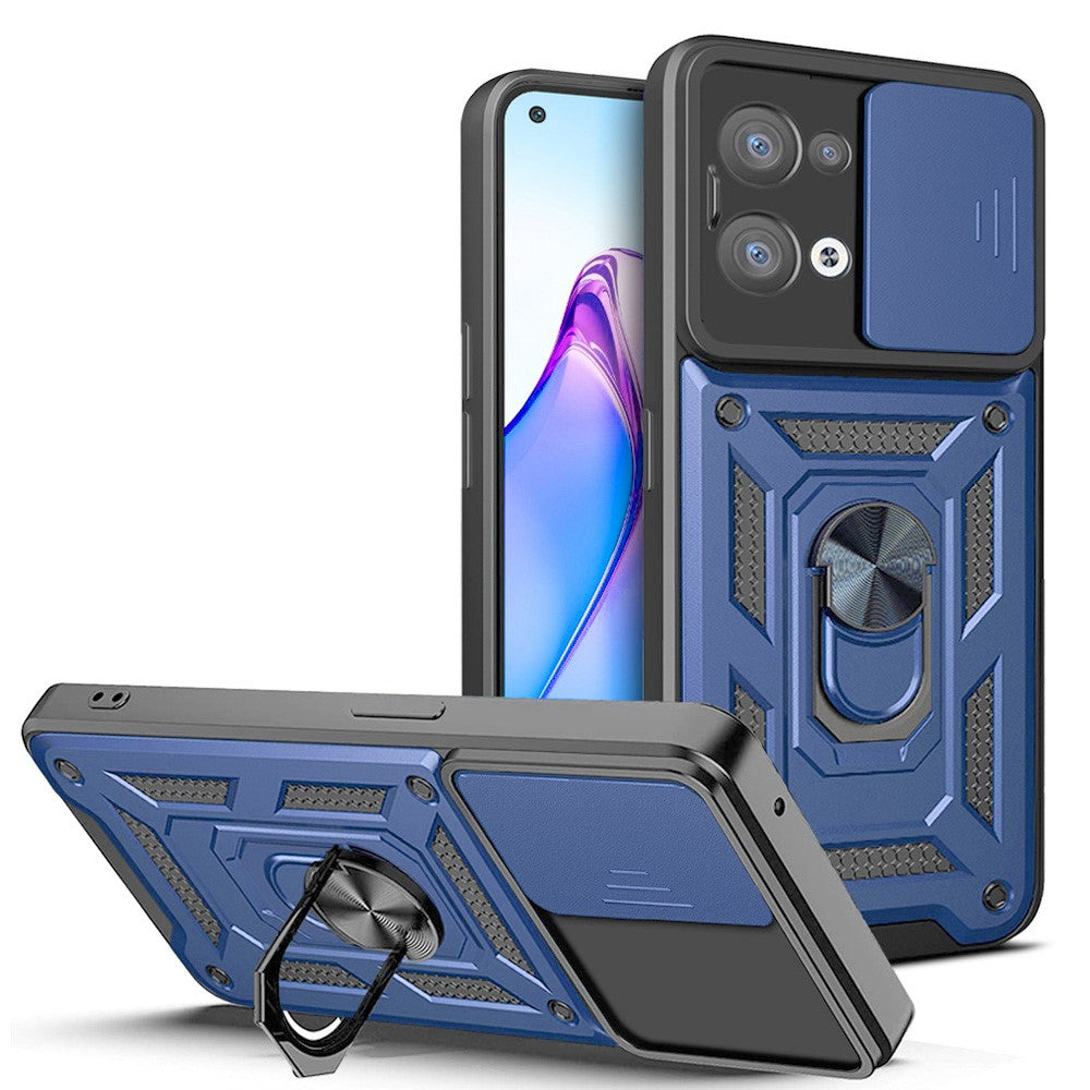 For Oppo Reno8 5G (Global Version) Ring Kickstand PC+TPU Hybrid Cover Slide Lid Camera Protection Drop-proof Phone Case