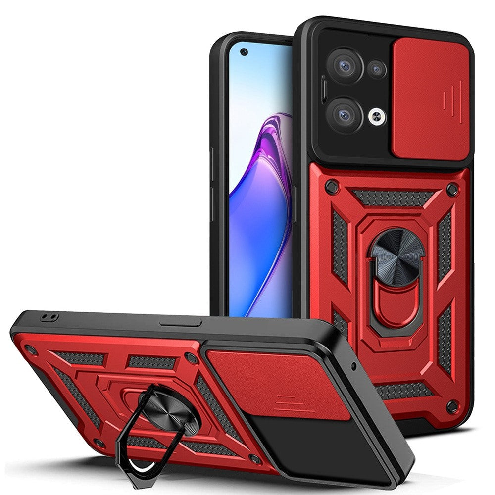 For Oppo Reno8 5G (Global Version) Ring Kickstand PC+TPU Hybrid Cover Slide Lid Camera Protection Drop-proof Phone Case