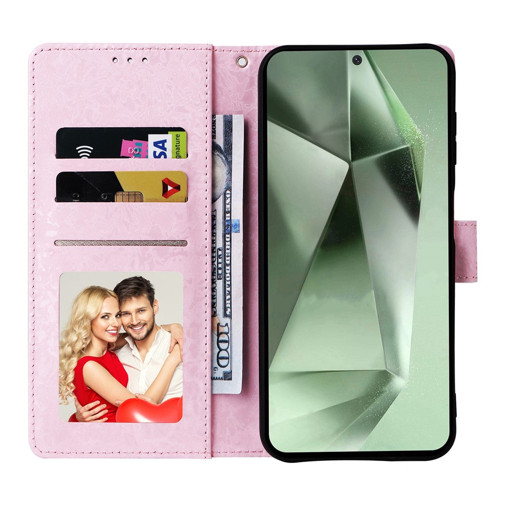 Samsung Galaxy S25 FE-skal RFID-blockerande blommigt läderfodral med handledsrem