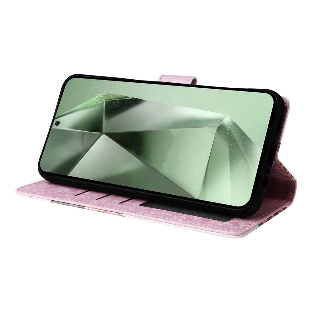 Samsung Galaxy S25 FE-skal RFID-blockerande blommigt läderfodral med handledsrem