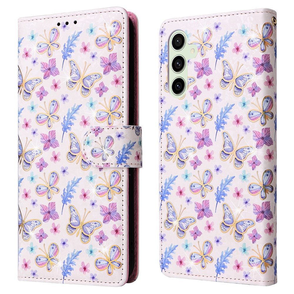 Samsung Galaxy S25 FE-skal RFID-blockerande blommigt läderfodral med handledsrem