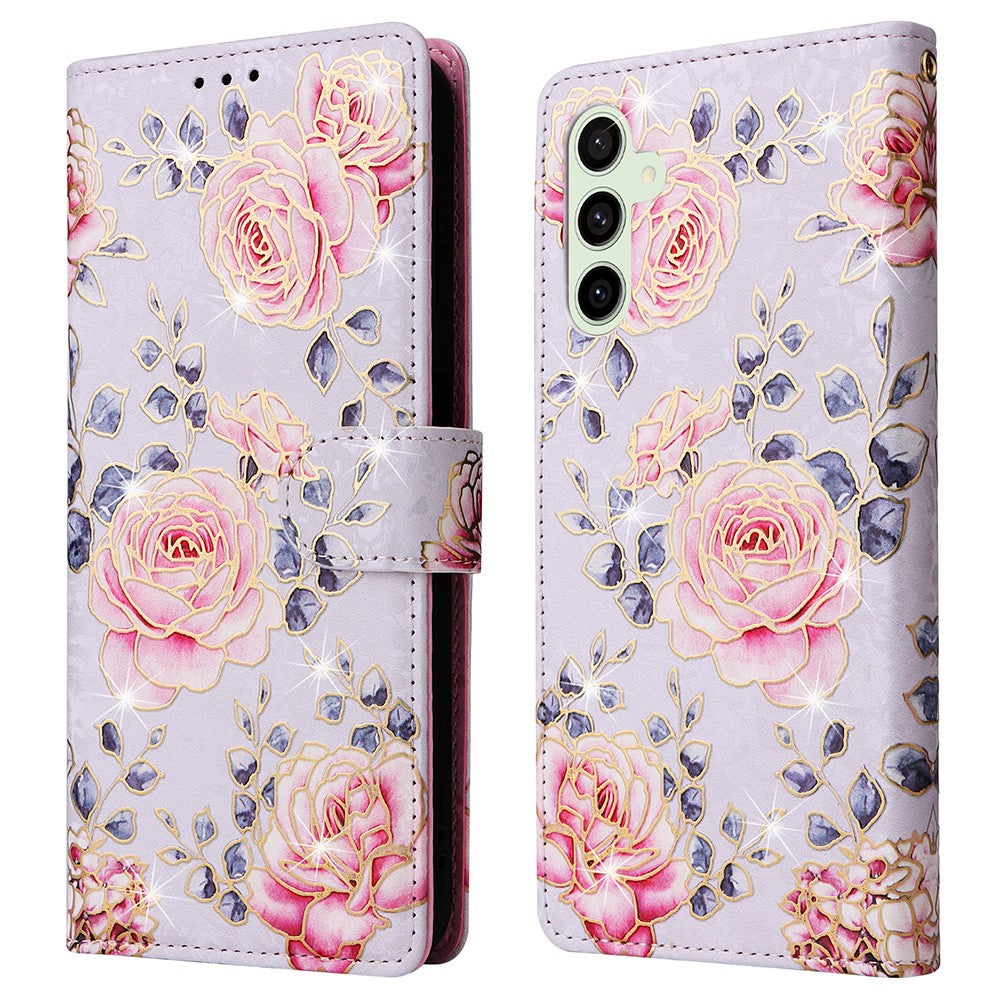Samsung Galaxy S25 FE-skal RFID-blockerande blommigt läderfodral med handledsrem