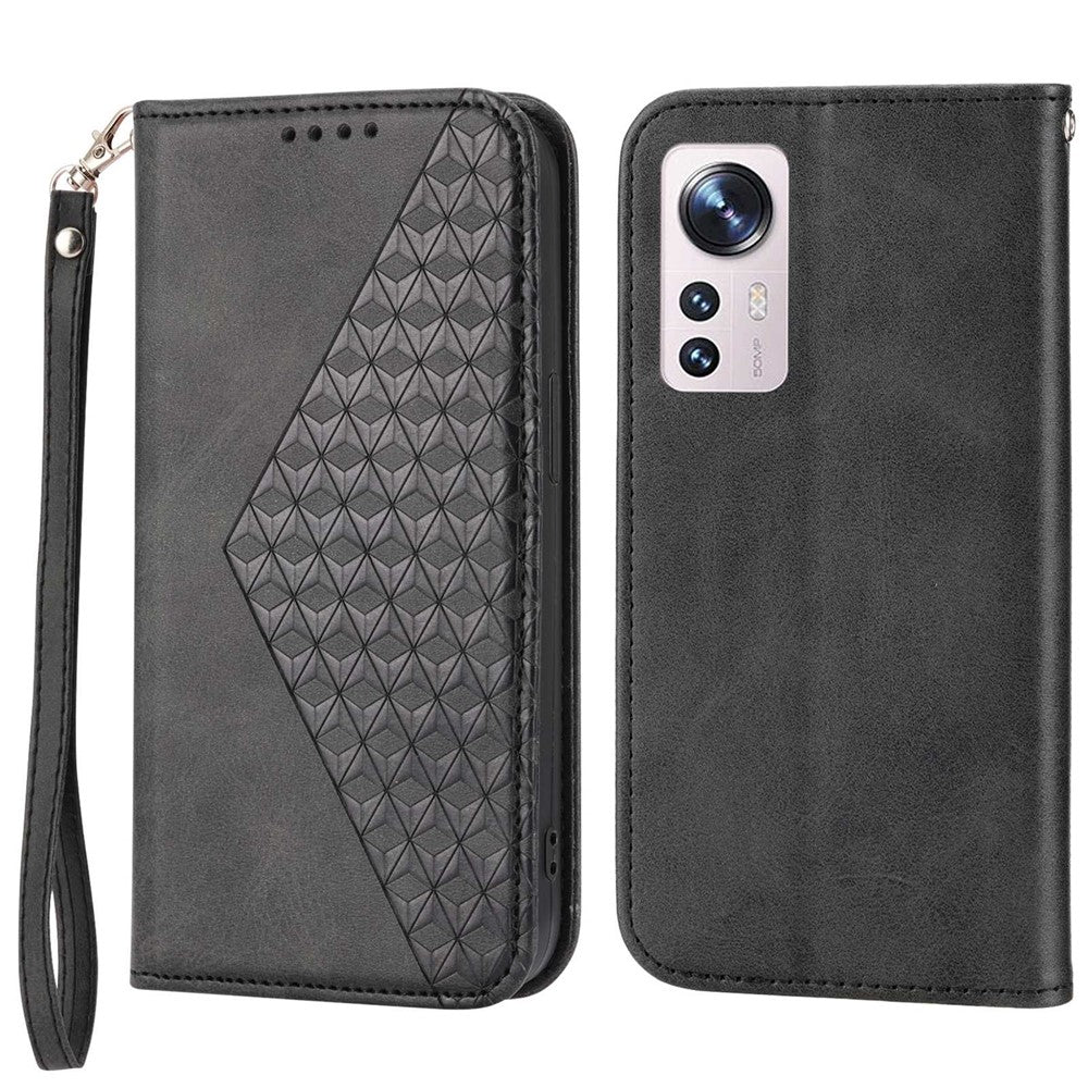 For Xiaomi 12X 5G / 12 5G / 12S 5G Cell Phone Case Imprinted Rhombus Pattern Calf Texture Stand Case Magnetic Auto Closing Wallet Phone Cover with Strap