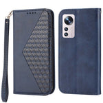 For Xiaomi 12X 5G / 12 5G / 12S 5G Cell Phone Case Imprinted Rhombus Pattern Calf Texture Stand Case Magnetic Auto Closing Wallet Phone Cover with Strap