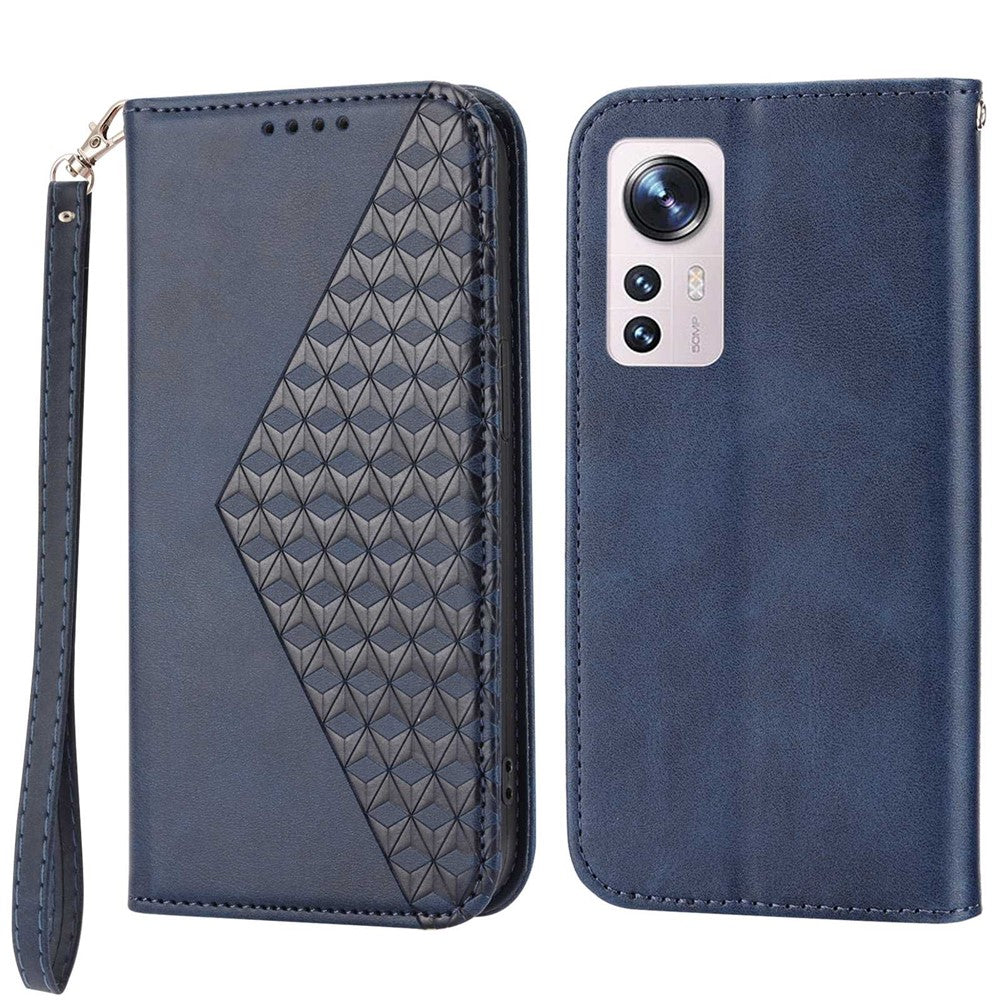 For Xiaomi 12X 5G / 12 5G / 12S 5G Cell Phone Case Imprinted Rhombus Pattern Calf Texture Stand Case Magnetic Auto Closing Wallet Phone Cover with Strap