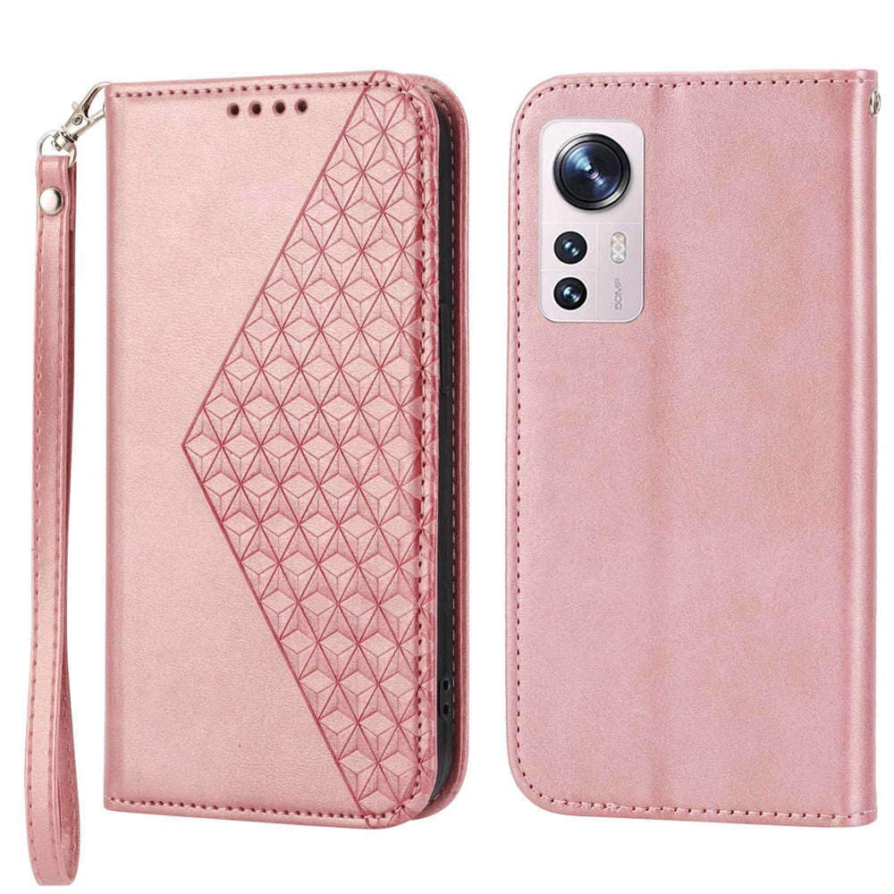 For Xiaomi 12X 5G / 12 5G / 12S 5G Cell Phone Case Imprinted Rhombus Pattern Calf Texture Stand Case Magnetic Auto Closing Wallet Phone Cover with Strap