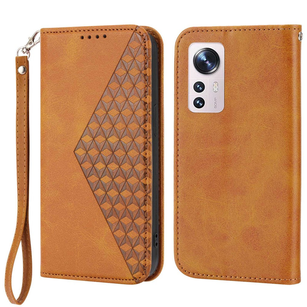 For Xiaomi 12X 5G / 12 5G / 12S 5G Cell Phone Case Imprinted Rhombus Pattern Calf Texture Stand Case Magnetic Auto Closing Wallet Phone Cover with Strap