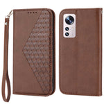 For Xiaomi 12X 5G / 12 5G / 12S 5G Cell Phone Case Imprinted Rhombus Pattern Calf Texture Stand Case Magnetic Auto Closing Wallet Phone Cover with Strap