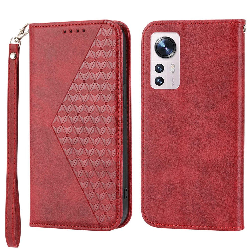 For Xiaomi 12X 5G / 12 5G / 12S 5G Cell Phone Case Imprinted Rhombus Pattern Calf Texture Stand Case Magnetic Auto Closing Wallet Phone Cover with Strap
