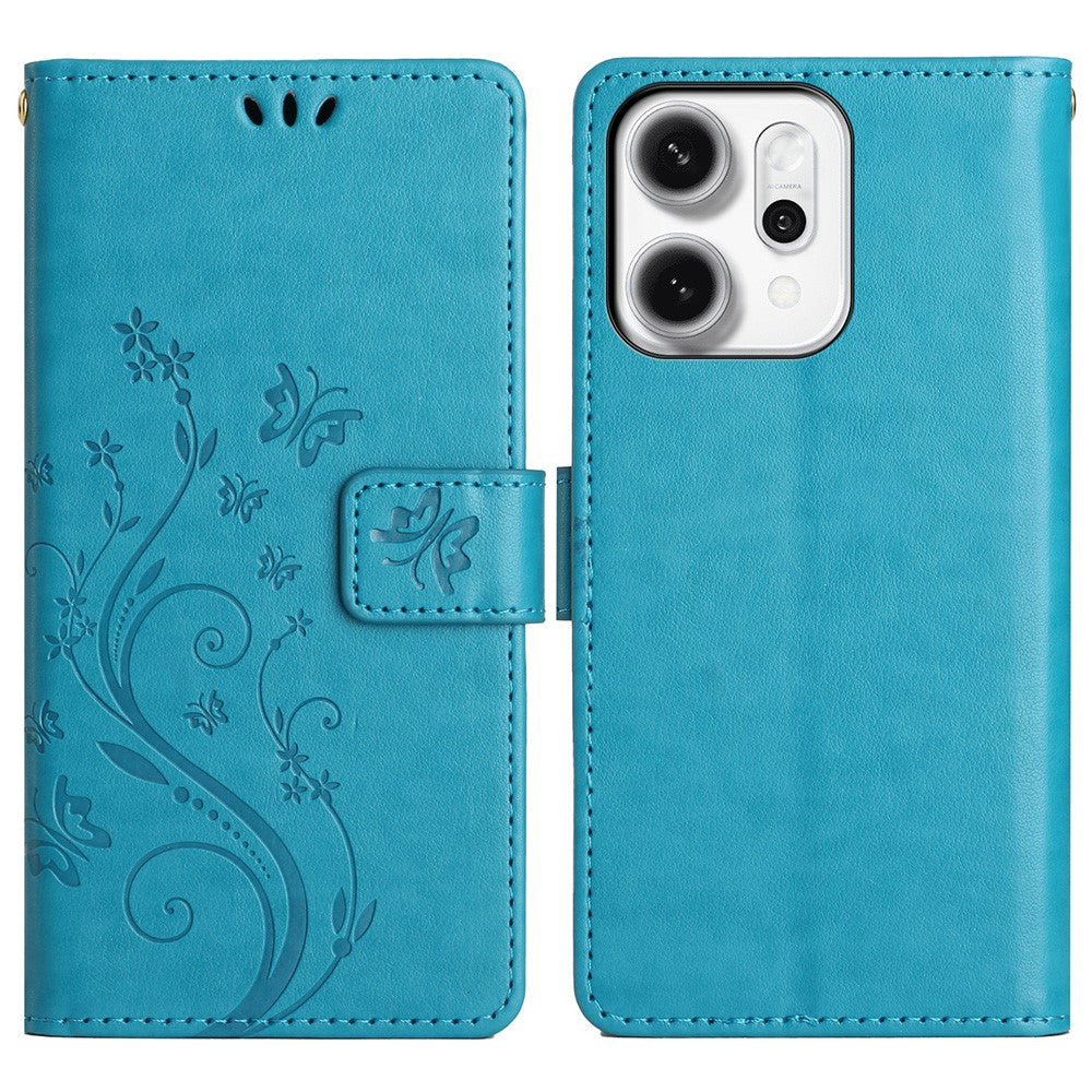 Oppo Reno14 Pro 5G (Global) / Reno13 Pro 5G Läderplånboksfodral med fjärilsblommönster och rem