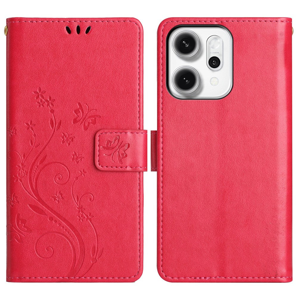 Oppo Reno14 Pro 5G (Global) / Reno13 Pro 5G Läderplånboksfodral med fjärilsblommönster och rem
