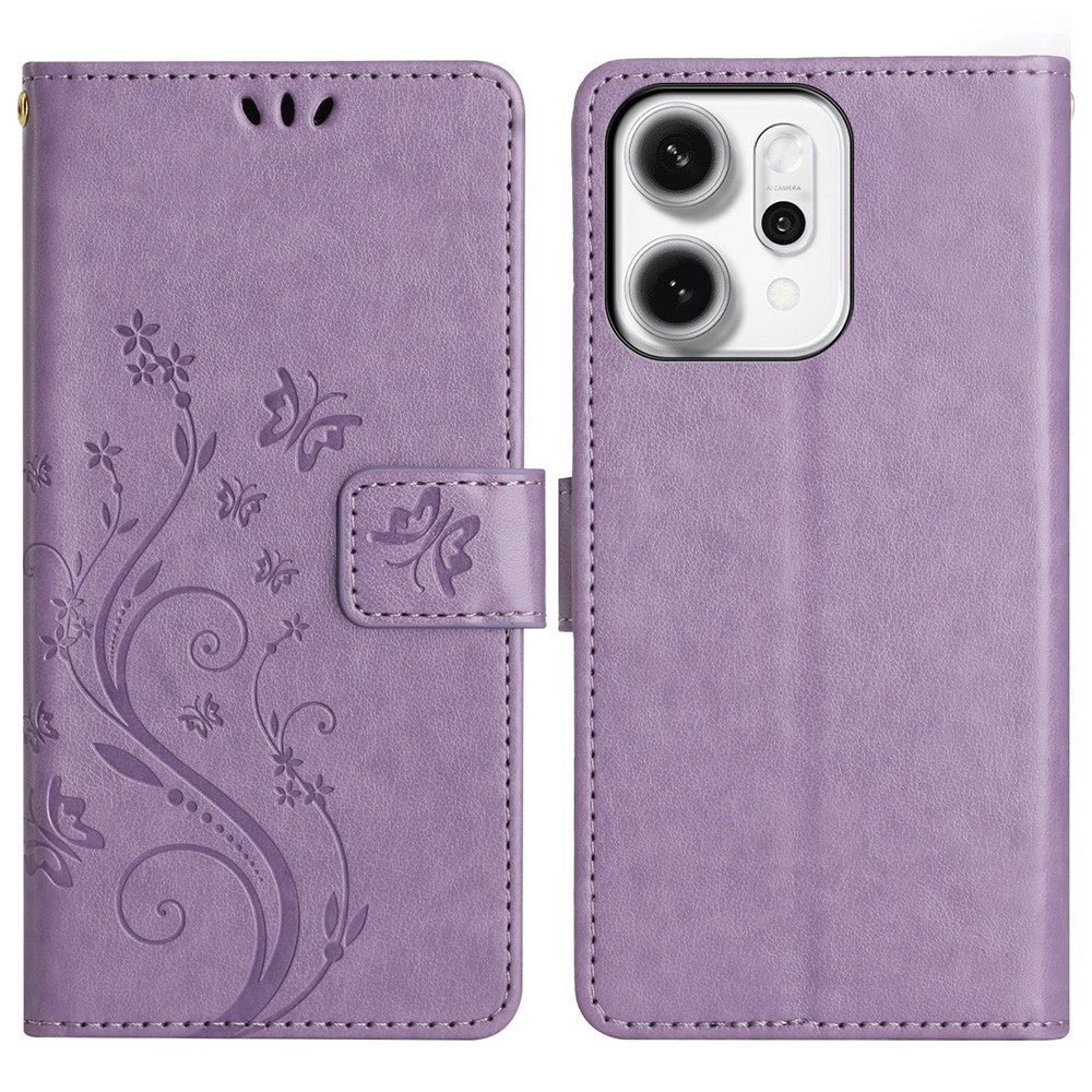 Oppo Reno14 Pro 5G (Global) / Reno13 Pro 5G Läderplånboksfodral med fjärilsblommönster och rem