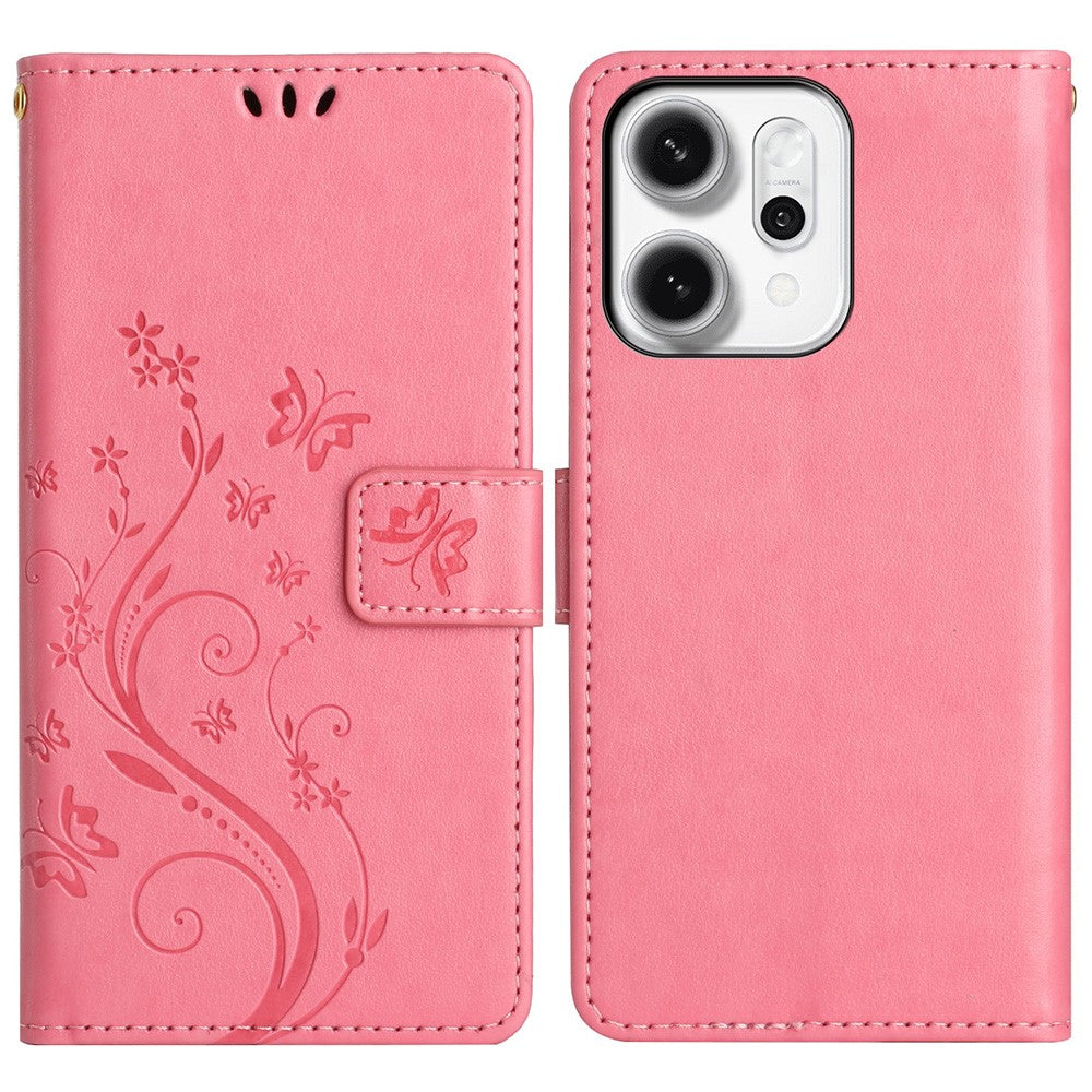 Oppo Reno14 Pro 5G (Global) / Reno13 Pro 5G Läderplånboksfodral med fjärilsblommönster och rem