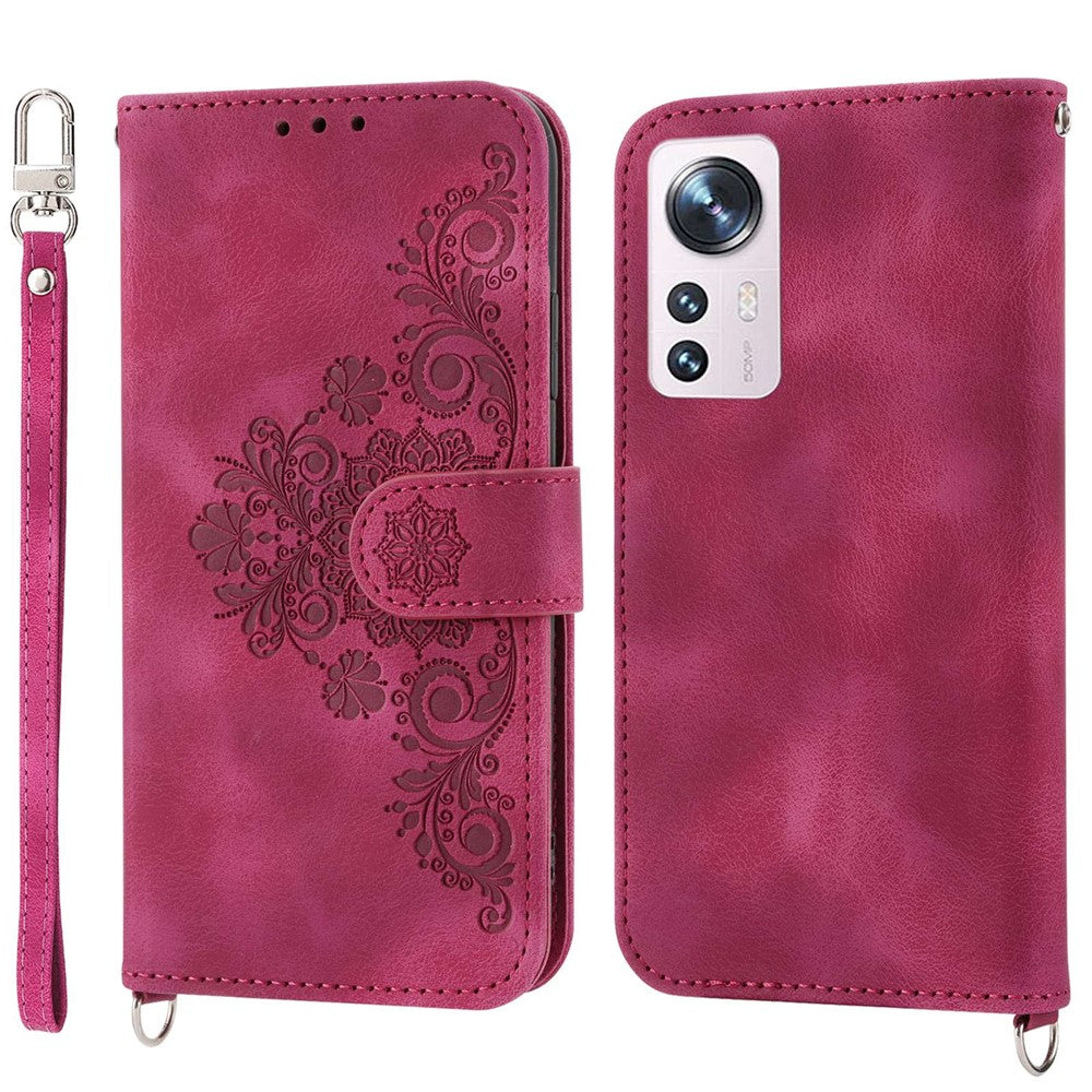 For Xiaomi 12X 5G / 12 5G / 12S 5G Imprinted Flowers Stand Wallet Leather Case Multiple Card Slots Skin-touch Phone Cover with Wrist Strap and Shoulder Strap