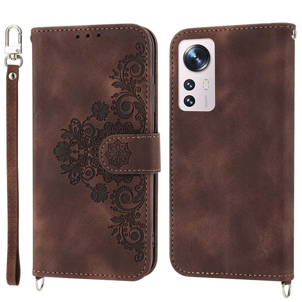 For Xiaomi 12X 5G / 12 5G / 12S 5G Imprinted Flowers Stand Wallet Leather Case Multiple Card Slots Skin-touch Phone Cover with Wrist Strap and Shoulder Strap